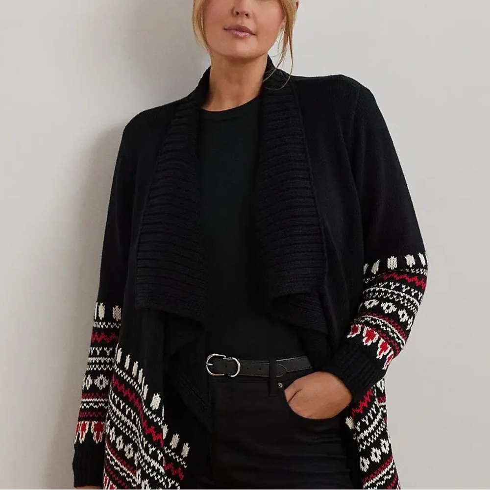 Ralph Lauren Fair Isle Cotton Shawl-Collar Cardigan Sweater Black - Large